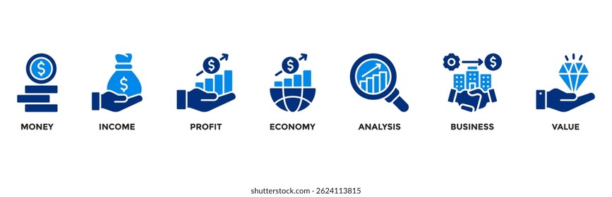 Cash flow icons collection containing money, income, profit, economy, analysis, business and value. Perfect for financial, accounting and business presentations or web design.
