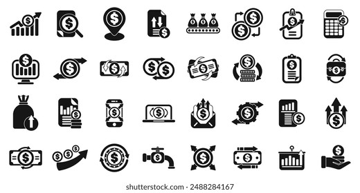Conjunto de iconos de flujo de efectivo. Este conjunto de iconos representa el concepto de flujo de dinero, que abarca varios aspectos de las transacciones financieras