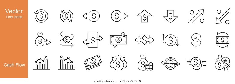 Iconos de flujo de efectivo - Iconos de línea de Vector. Trazo Editable. Gráfico Vector