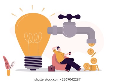 Cash flow from innovation idea. Open tap, gold coins fall from faucet. Businessman take profit. Finance faucet. Happy business man relax and looking on wealth. investor with success, dividends, salary