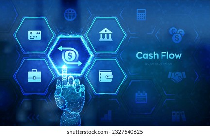 Geschäftskonzept Cashflow Innovation Technology auf virtuellem Bildschirm. Einkommenswachstum, Investitionen, Reichtum, Finanzmanagement. Wireframe Hand, die digitale Schnittstelle berührt. Vektorgrafik.