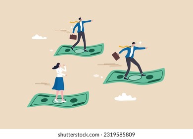 Cash flow, investment direction or financial trend, profit or earning from business, income or salary, stock market investing, wealth expert concept, business people riding flying money banknotes.