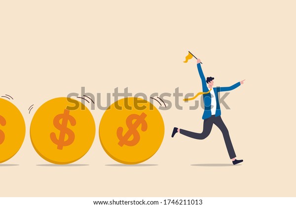 Cash flow, investment fund flow, fund raising,\
bank loan or financial activity to making money or profit concept,\
Businessman leader or investor holding flag control flow of money\
Dollar coins.