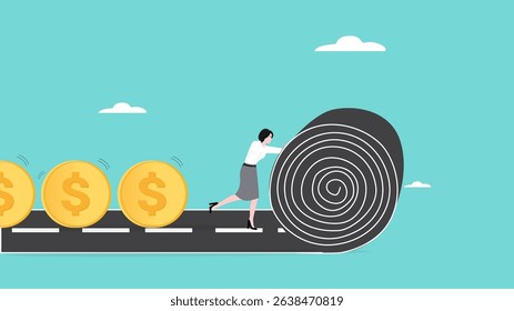 cash flow, investment return flow, Profitable financial activities generate profits, create passive income concept, businesswoman makes way for a flowing line of coins
