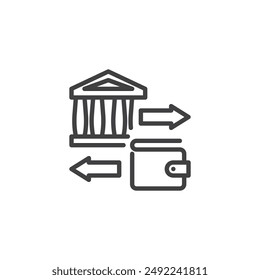Cash Flow line icon. linear style sign for mobile concept and web design. Arrows moving between a wallet and a bank outline vector icon. Symbol, logo illustration. Vector graphics