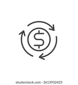 Cash Flow line icon. linear style sign for mobile concept and web design. Arrows moving through a dollar sign outline vector icon. Income management symbol, logo illustration. Vector graphics