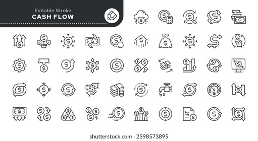 Cash flow line icon set. Money turnover, cash inflow and outflow, finance, money and more. Outline vector icon in linear style. Pictogram collection	
