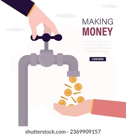 Cash flow. Making money, business profit. Earning from investment. Passive income. Businessman hand open faucet, dollar coins fall from pipe, trader catch dividends or earnings. vector illustration