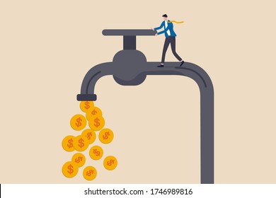 Cash Flow, Making Profit From Business Or Earning From Stock Investment Concept, Wealthy Businessman Business Owner Or Investor Opening Water Tap To Let Gold Dollar Coins Money Flowing Out.