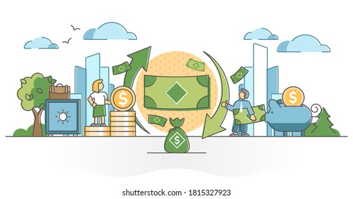 Cash flow as money movement and economical finance turnover outline concept. Company profit with payments, savings and expenses budget vector illustration. Rate of return symbolic plan visualization.