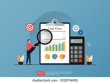 Cash flow statement concept with calculator and graph document symbol illustration.