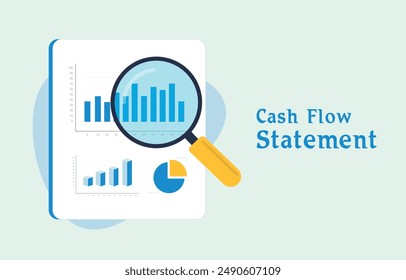 Cashflow-Übersicht - Darstellung des Finanzgeschäftskonzepts mit Finanzberichtsdokument, Diagrammen und Diagrammen. Modernes Flachdesign-Vektorgrafik-Konzept