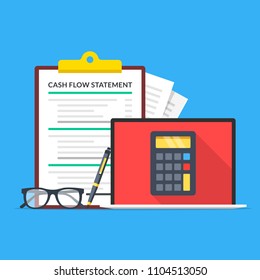 Cash flow statement. Laptop with calculator on screen, glasses, pen and clipboard with financial statement. Accounting, income calculation concept. Flat design. Vector illustration