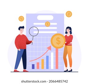 Cash flow statement. Man and girl evaluating graph, growth of companys income. Successful investors. Analysts examining document with magnifying glass, loupe. Cartoon flat vector illustration