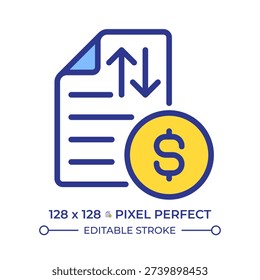 Cash flow statement pixel perfect line color icon. Financial report summarizing finances amount. Earnings and payments. Isolated vector illustration. Flat colorful symbol design. Editable stroke