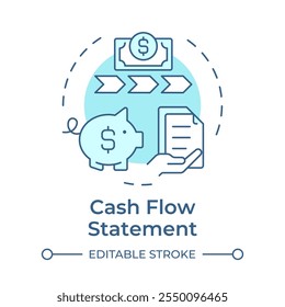 Ícone de conceito azul flexível do demonstrativo de fluxo de caixa. Documentação contábil, financeira. Ilustração de linha de forma redonda. Ideia abstrata. Design gráfico. Fácil de usar em infográfico, apresentação