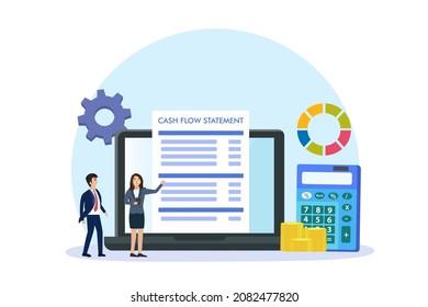 Cash flow statement vector concept: Businesswoman and businessman checking cash flow statement on laptop together 