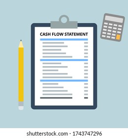 Cash flow statement vector. Financial statement document with a pencil, calculator. Flat design on light blue background. Finance and business concept.