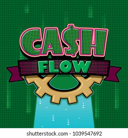 Cash Flow Text Emblem On Green Digital Screen Background With Realistic Pixels Mosaic Effect, Game Icon Design, Vector Illustration