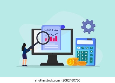 Cash Flow Vector Concept: Businesswoman Analyzing Cash Flow Chart On Computer While Using Magnifying Glass