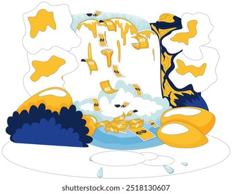 Ilustração do vetor de fluxo de caixa. Orçamento é bússola guiando expedição através do fluxo de caixa do terreno A moeda é uma linguagem comum, facilitando o comércio de riqueza do mercado Ganhar é melodia cantada