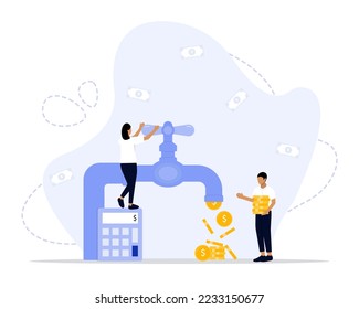 Cash Flow Vector Illustration Concept Showing cash coin flowing from a water tap, Suitable for landing page, ui, web, App intro card, editorial, flyer, 
and banner.