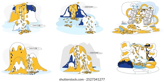 Ilustração do vetor de fluxo de caixa. Fluxos de caixa como rio, modelando paisagens oportunidades financeiras Finanças e investimento dançam juntos, orquestrando riqueza sinfônica O dinheiro dos negócios é combustível de moeda