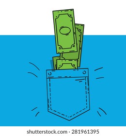 cash flying in to a pocket, cartoon style vector illustration