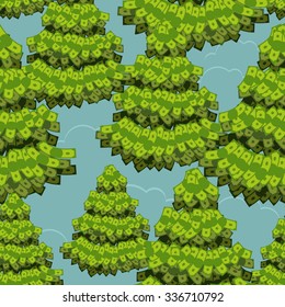 Cash forest. spruce with dollars. Many trees with foreign currency. Seamless pattern financial thicket, Grove.
