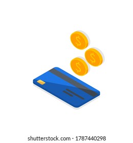 Cash get a bank card Blue left view - Shadow icon vector isometric. Cashback service and online money refund. Concept of transfer money, e-commerce, saving account.