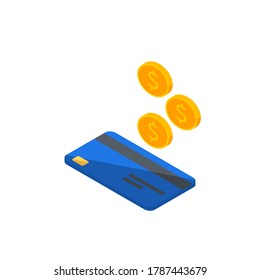 Cash get a bank card Blue left view - White Background icon vector isometric. Cashback service and online money refund. Concept of transfer money, e-commerce, saving account.