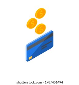Cash get a bank card Blue right view - White Background icon vector isometric. Cashback service and online money refund. Concept of transfer money, e-commerce, saving account.