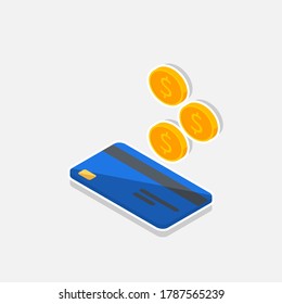 Cash get a bank card Blue left view - White Stroke+Shadow icon vector isometric. Cashback service and online money refund. Concept of transfer money, e-commerce, saving account.