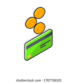 Cash get a bank card Green right view - Black Stroke+Shadow icon vector isometric. Cashback service and online money refund. Concept of transfer money, e-commerce, saving account.