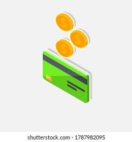 Cash get a bank card Green left view - White Stroke+Shadow icon vector isometric. Cashback service and online money refund. Concept of transfer money, e-commerce, saving account.