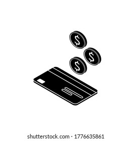 Cash get a bank card left view - White Outline icon vector isometric. Cashback service and online money refund. Concept of transfer money, e-commerce, saving account. Flat style vector illustration.