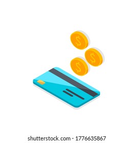 Cash get a bank card left view - Shadow icon vector isometric. Cashback service and online money refund. Concept of transfer money, e-commerce, saving account. Flat style vector illustration.