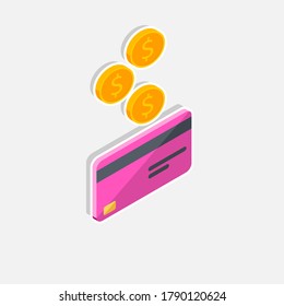 Cash get a bank card Pink right view - White Stroke and Shadow icon vector isometric. Cashback service and online money refund. Concept of transfer money, e-commerce, saving account.