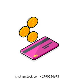 Cash get a bank card Pink right view - Black Stroke+Shadow icon vector isometric. Cashback service and online money refund. Concept of transfer money, e-commerce, saving account.