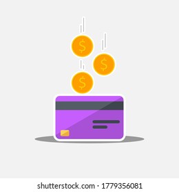 Cash get a bank card Purple - White Stroke+Shadow icon vector isolated. Cashback service and online money refund. Concept of transfer money, e-commerce, saving account.