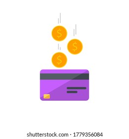 Cash get a bank card Purple - White Background icon vector isolated. Cashback service and online money refund. Concept of transfer money, e-commerce, saving account.