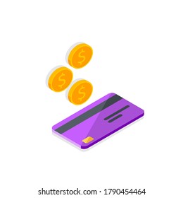 Cash get a bank card Purple right view - Shadow icon vector isometric. Cashback service and online money refund. Concept of transfer money, e-commerce, saving account.