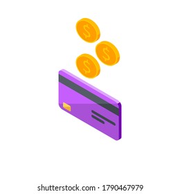 Cash get a bank card Purple left view - White Background icon vector isometric. Cashback service and online money refund. Concept of transfer money, e-commerce, saving account.