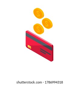 Cash Get A Bank Card Red Left View - White Background Icon Vector Isometric. Cashback Service And Online Money Refund. Concept Of Transfer Money, E-commerce, Saving Account.