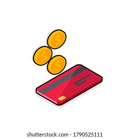 Cash get a bank card Red right view - Black Stroke+Shadow icon vector isometric. Cashback service and online money refund. Concept of transfer money, e-commerce, saving account.