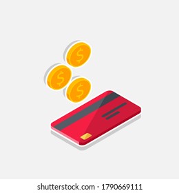 Cash get a bank card Red right view - White Stroke+Shadow icon vector isometric. Cashback service and online money refund. Concept of transfer money, e-commerce, saving account.