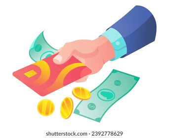 Cash get a bank card right view - icon vector. Cashback service and online money refund. Concept of transfer money, e-commerce, saving account. Flat style vector illustration