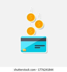 Cash get a bank card - White Stroke+Shadow icon vector isolated. Cashback service and online money refund. Concept of transfer money, e-commerce, saving account. Flat style vector illustration.