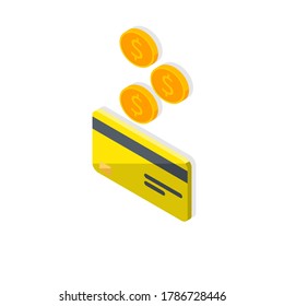 Cash get a bank card Yellow left view - Shadow icon vector isometric. Cashback service and online money refund. Concept of transfer money, e-commerce, saving account.