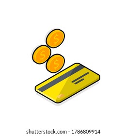 Cash get a bank card Yellow right view - Black Stroke+Shadow icon vector isometric. Cashback service and online money refund. Concept of transfer money, e-commerce, saving account.